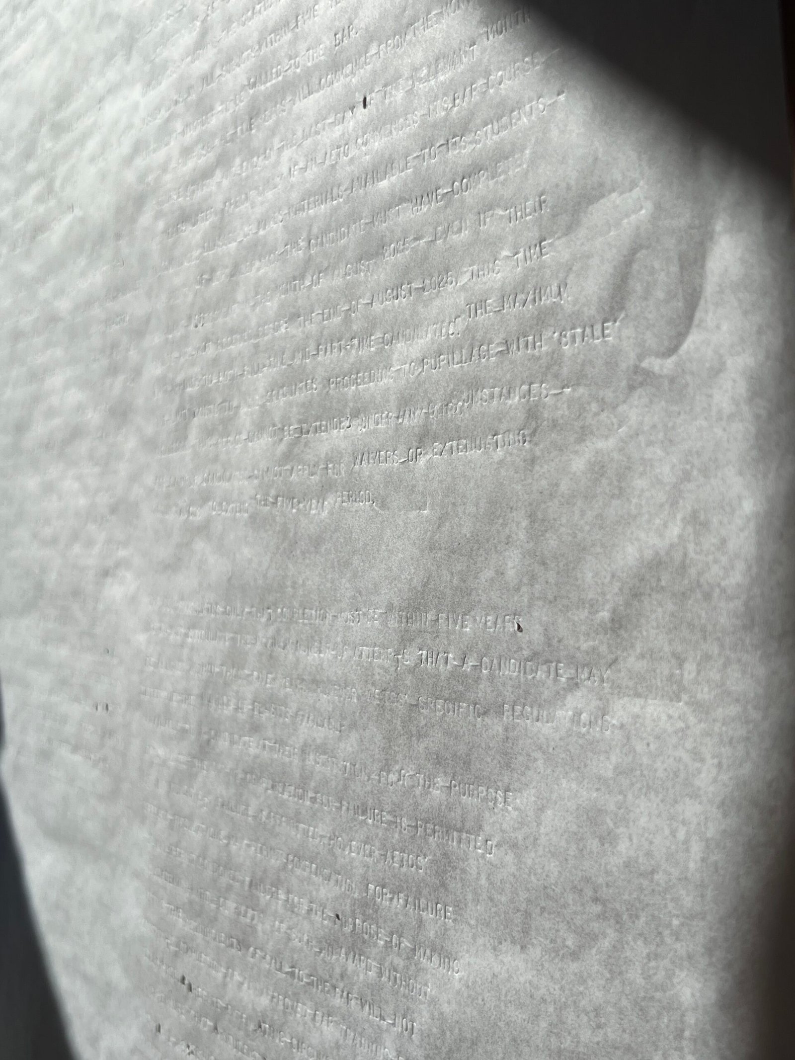 A large sheet of parchment paper which has been blind debossed with uppercase text in a font similar used by typewriters. The translucency and lack of ink make the debossed text visible but illegible except at specific angles, under certain light, and on close inspection. The photograph and lighting are angled enabling some words to be deciphered. The physical process of hand-debossing the fragile paper has created light crumpling and depressed areas, in addition to the texture created by each individual character. The paper is pierced and lifted in places where debossing has gone through it.