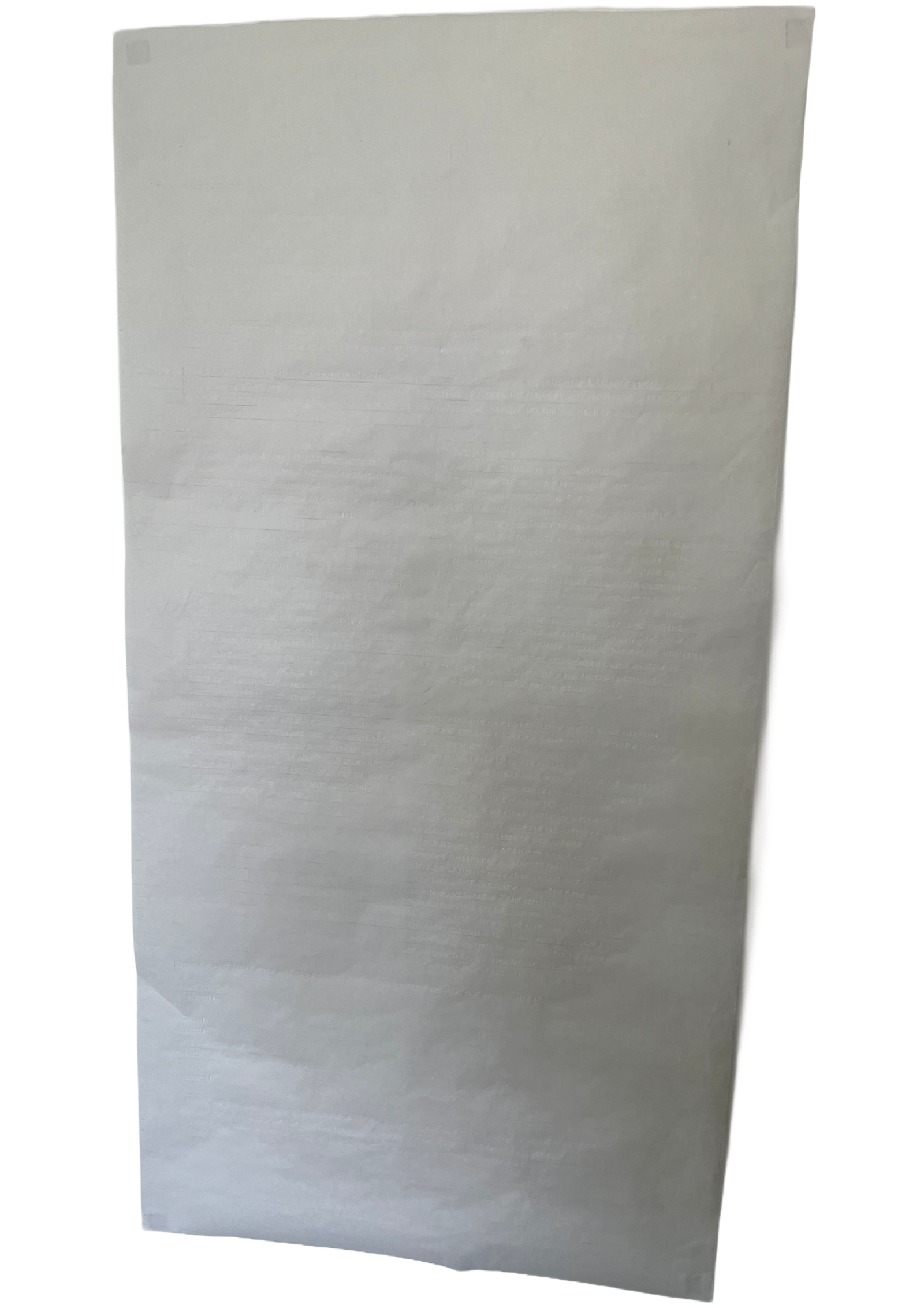 A large sheet of parchment paper which has been blind debossed with uppercase text in a font similar used by typewriters. The translucency and lack of ink make the debossed text visible but illegible except at specific angles, under certain light, and on close inspection. The physical process of hand-debossing the fragile paper has created light crumpling and depressed areas, in addition to the texture created by each individual character.